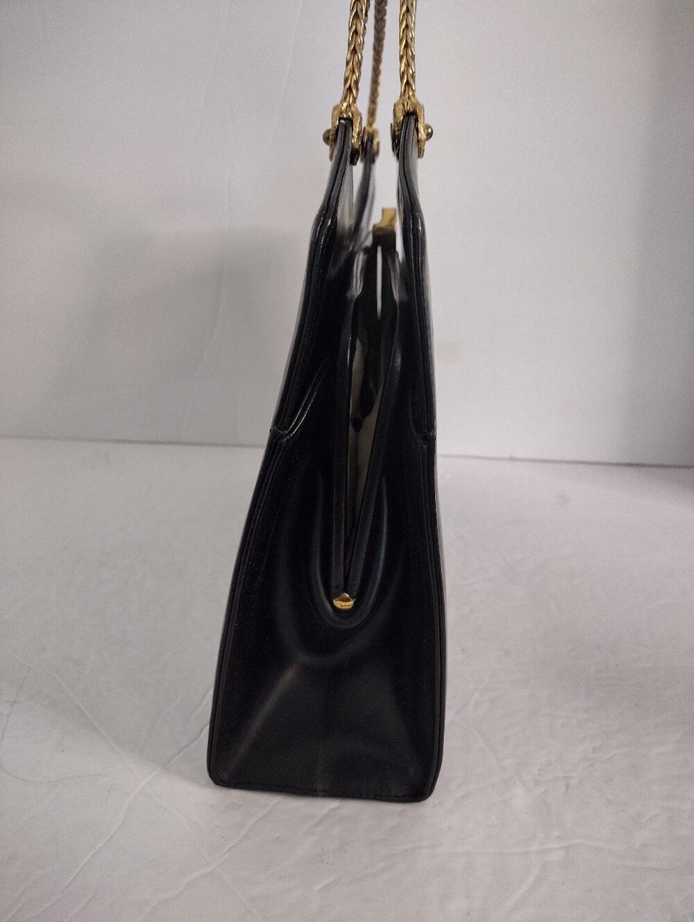 Vintage 1950s Black Leather Top Handle Handbag Gold Woven Handle Cocktail Bag - Picture 7 of 14